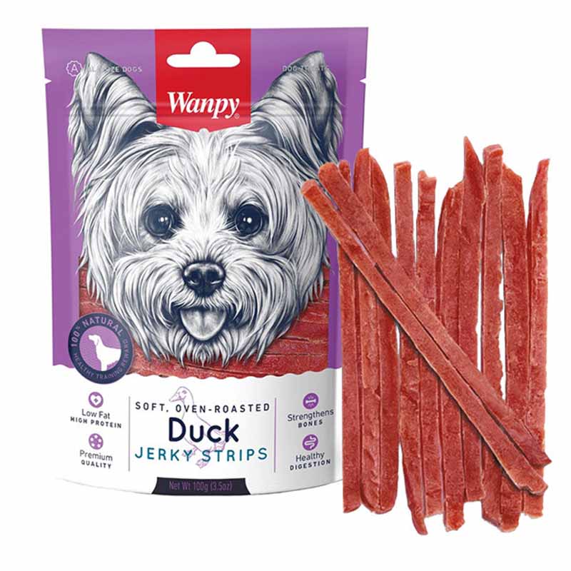 عکس بسته بندی تشویقی سگ ونپی مدل Duck Jerky Strips وزن 100 گرم تشویقی سگ ونپی مدل Duck Jerky Strips
